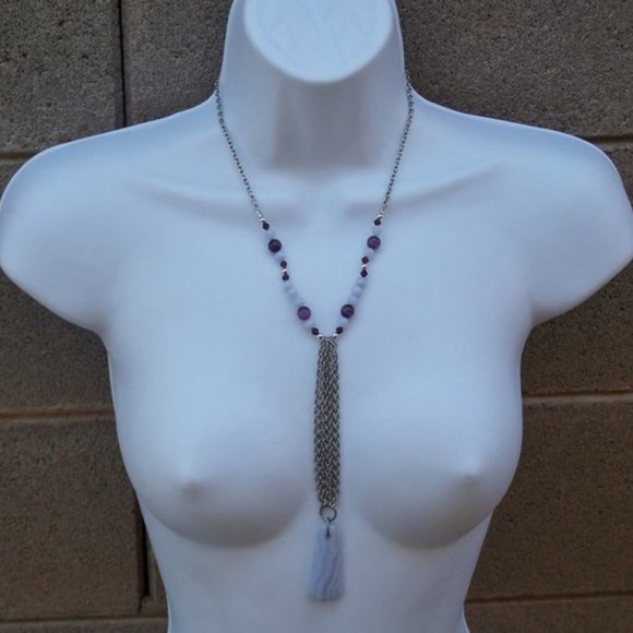 Handmade Statement Necklace With Lilac Agate Silver Tone Chains Purple Beads - Picture 14 of 16